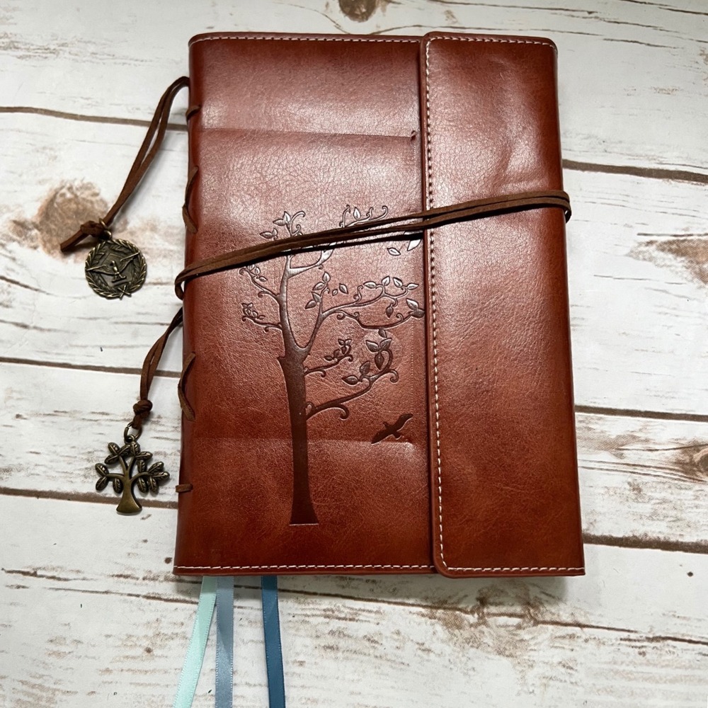 Brown Faux Leather Tree-Embossed Travel Journal with Wrap Closure